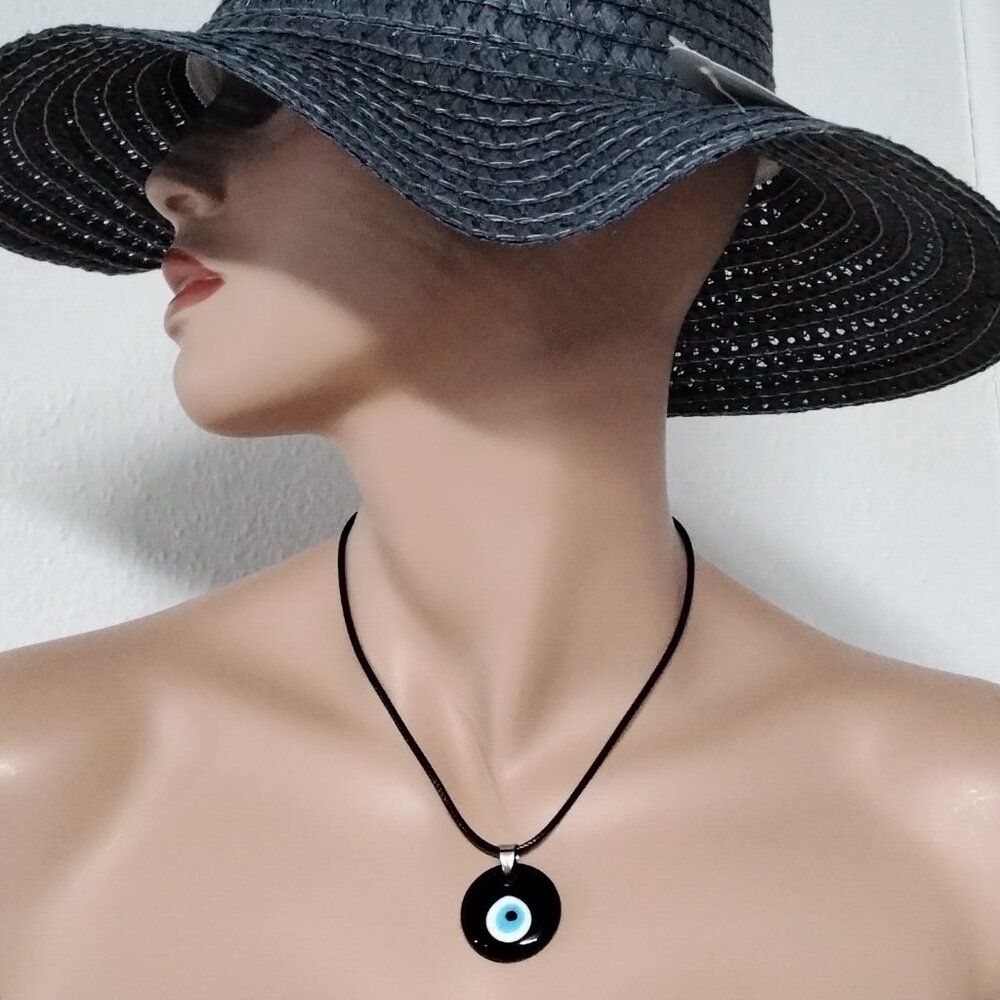 Evil Eye Necklace Turkish Greek Blue Glass Pendant Leather Good Luck Protection